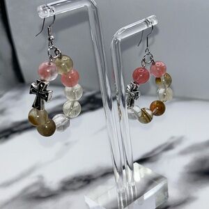 Chic Beaded Cross Earrings in Pink and Gold